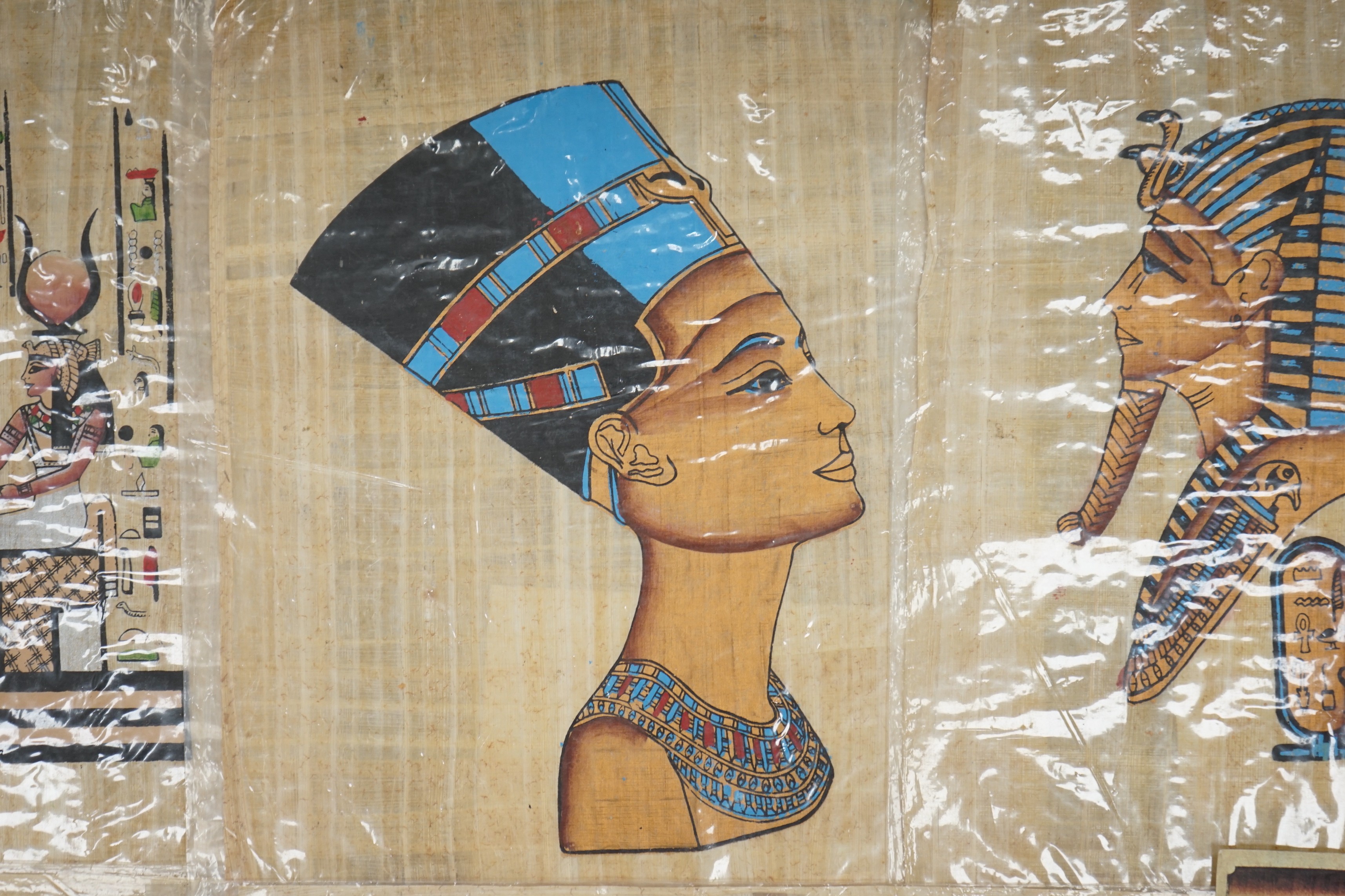 A group of assorted pictures and prints including Egyptian papyrus paintings, 41 x 33cm